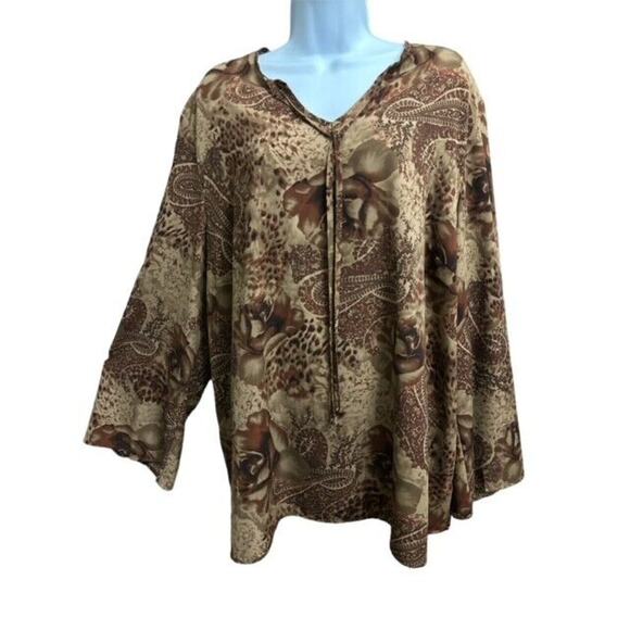 Maggie Barnes 22W Top Warm Brown Paisley Floral Ties V-Neck Fancy Flare Sleeves - Picture 1 of 2
